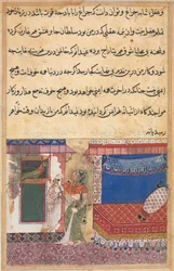Sida från Tales of a Papegoja Tuti-nama: Artonde natten: Papegojan tilltalar..., ca. 1560.