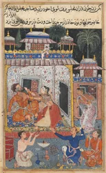 Sida från Tales of a Parrot Tuti-nama: Åttonde natten: Den bedrägliga frun överfaller, ca. 1560.