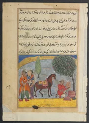 Sida från Tales of a Parrot Tuti-nama: Åttonde natten: Den älskandes son gör en elefant, c1560.