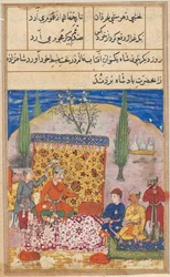 Sida från Tales of a Papegoja Tuti-nama: Åttonde natten: Den unge prinsen presenteras..., 1558-1560.