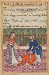 Sida från Tales of a Parrot Tuti-nama: Femtionde natten: Vakten återställer sonen..., ca. 1560.