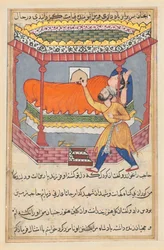 Sida från Tales of a Parrot Tuti-nama: Femtionde natten: Kungen placerar talismanen..., ca. 1560.