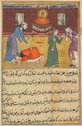 Sida från Tales of a Parrot Tuti-nama: Femtioandra natt: Den fromma mannens son..., ca. 1560.