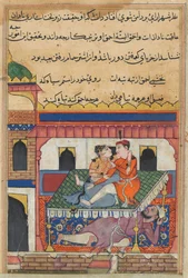 Sida från Tales of a Parrot Tuti-nama: Fyrtionde natten: Shahr-Arai och hennes älskare..., ca. 1560.