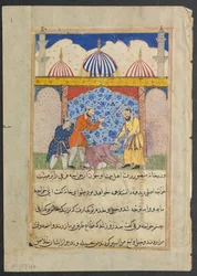 Sida från Tales of a Papegoja Tuti-nama: Sjuttonde natten: Den unge mannen..., ca. 1560.