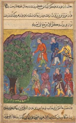 Sida från Tales of a Papegoja Tuti-nama: Sjätte natten: Sju män som bestrider innehav..., ca. 1560.