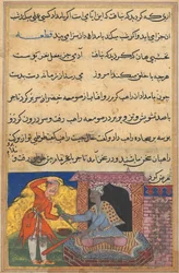 Sida från Tales of a Parrot Tuti-nama: Tionde natten: Munken återlämnar den magiska papegojan..., ca. 1560.