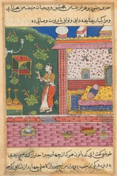 Sida från Tales of a Parrot Tuti-nama: Trettionde natten: Papegojan tilltalar Khujasta..., ca. 1560.