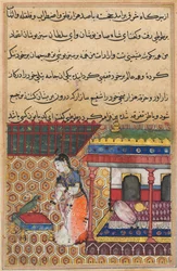 Sida från Tales of a Parrot Tuti-nama: Trettioåtta natt: Papegojan tilltalar Khujasta, c1560.