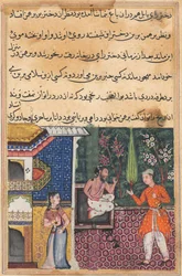Sida från Tales of a Papegoja Tuti-nama: Trettiofemte natten: Brahmanen ger..., ca. 1560.