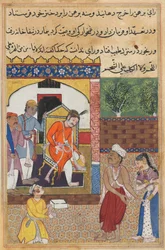 Sida från Tales of a Papegoja Tuti-nama: Trettiofemte natten: Magikern, förklädd..., ca. 1560.