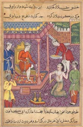 Sida från Tales of a Papegoja Tuti-nama: Trettiofemte natten: Magikern förklädd..., ca. 1560.