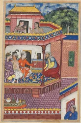 Sida från Tales of a Parrot Tuti-nama: Trettiofjärde natten: De tre unga männen..., ca. 1560.