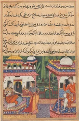 Sida från Tales of a Parrot Tuti-nama: Trettioandra natt: Kaiwan skickar ett meddelande..., ca. 1560.
