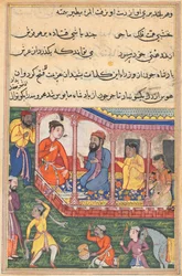 Sida från Tales of a Papegoja Tuti-nama: Trettiosjätte natten: Mahrusas äktenskap..., ca. 1560.