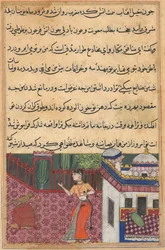 Sida från Tales of a Parrot Tuti-nama: Trettiotredje natten: Papegojan tilltalar Khujasta..., ca. 15