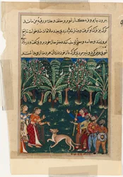Sida från Tales of a Parrot Tuti-nama: Tolfte natten: Köpmannens dotter..., ca. 1560.
