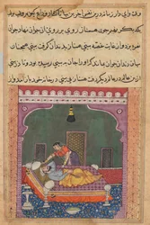 Sida från Tales of a Parrot Tuti-nama: Tjugofemte natten: För att felaktigt implicera..., ca. 15