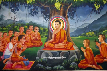 Målning som föreställer Buddhas undervisning under ett träd, med kung Bimbisara i Rajagaha Udong Cambodge