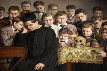 Målning som skildrar Don Boscos liv i Santuario di Maria Ausiliatrice, Valdocco, Turin, Italien