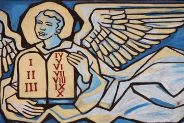 Målning i Our Lady of Togo-kyrkan: Ängel som håller lagens bord, Togoville, Togo