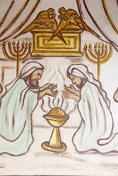 Målning i Our Lady of Togo-kyrkan: Sacred Arch, menoras (Menorah) & parfymaltare, Togoville, Togo