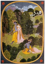 Målning av Radha och Krishna i en lund