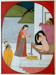 Målning av guden Khrishna som tittar på Radha vid hennes bad, 1800-talet