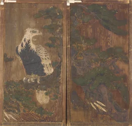 Dörrpar med örn på en tall på ena sidan..., Momoyama-period, 1600-talet.