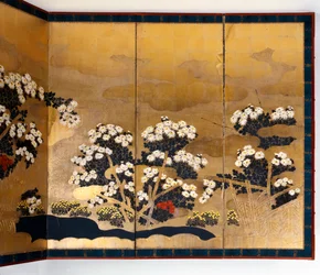Ett par skärmar med 6 paneler med guldbakgrund, Edo-period, japanska, 1600-1867