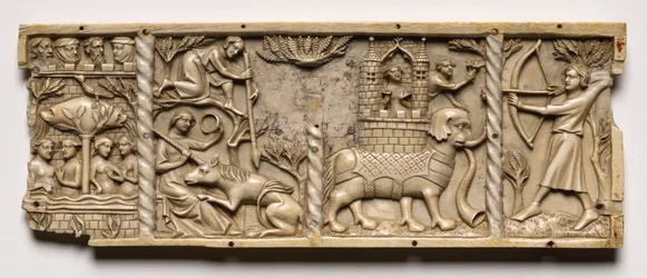 Panel från en kista med scener från Courtly Romances, 1330-1350 eller senare.