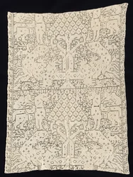 Panel med ett mönster av träd och oidentifierade djur, 1800-talet.