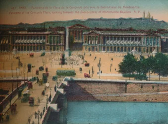 Panorama över Place de la Concorde, med utsikt mot Sacré-Coeur-basilikan i Montmartre, Paris,