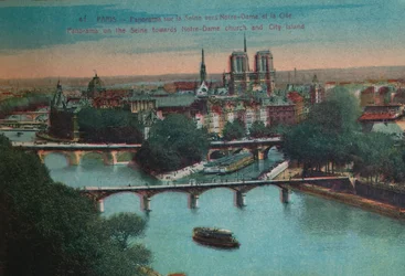 Panorama över floden Seine med Notre-Dame-katedralen och Île de la Cité, Paris, c1920