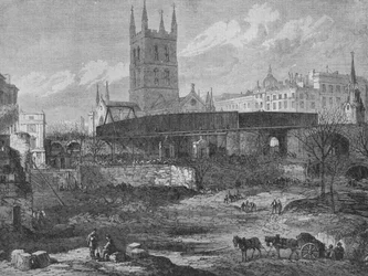 En del av platsen för St. Thomass sjukhus i Southwark som rensas för järnvägsändamål, c1862,