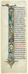 Delblad från en latinsk bibel: Inledande I[n principio] med äktenskapet i Kana, ca. 1260-1270.
