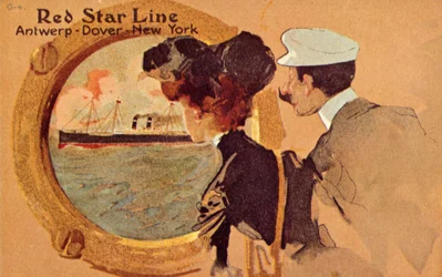Passagerare som tittar genom hyttventilen ombord på en Red Star-fartyg, c1900.