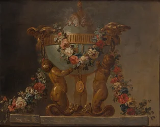 Parfymbrännare stödd av babytritoner och kransad med blommor, 1700-tal.