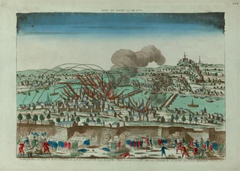 Perspektivvy av belägringen och bombningen av staden Lyon i oktober 1793, ca. 1793.