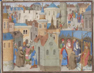 Eremiten Peter hör påven Urban II vid konciliet i Clermont. Miniatyr från Historia av William av Tyrus, 1460-talet