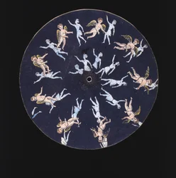 Phenakistiscope (Phenakistoscope) skiva som visar en amor och två flickor, c 1830