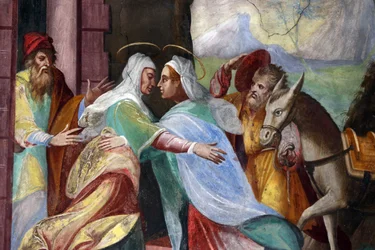 Pilgrimskyrkan Madonna del Sasso. Besöket är Marias besök med Elisabet som finns nedtecknat i Lukasevangeliet, 20160508, Orselina, Schweiz