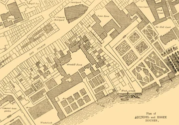 Plan över Arundel och Essex Houses, 1881.