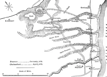 Plan för Marches of Pearson Jan. 1879 och Chelmsford april 1879 till Etschowe, c1880