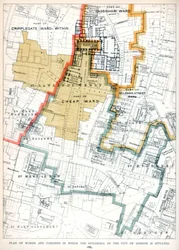 Plan över de församlingar och församlingar där Guildhall of the City of London är belägen, 1886