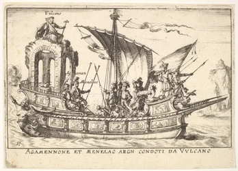 Plåt 10: Agamemnon och Menelaos sitter i en båt tillsammans med andra figurer inklusive V..., 1664.