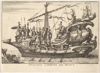 Plåt 12: Atalanta ledd av Diana Atalanta condotti da Diana, åtföljd av krigare bearin..., 1664.