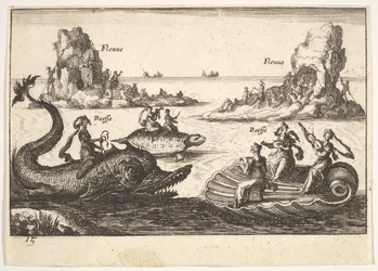 Plansch 15: Floder och gudinnor, med flytande öar styrda av stångbärare, kvinnliga gestalter..., 1664.