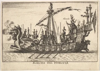 Plåt 1: Hercules skepp Barcha del Hercole, med drakhuvud och Hercules på pl..., 1664.