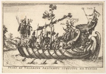 Plåt 7: Peleus och Talamone ledda av Argonauterna från Tetides, från The magnificent pageant on t..., 1664.